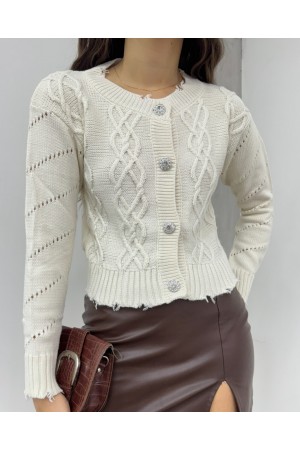 Taş Düğmeli Yırtıklı Krop Hırka  -Bej