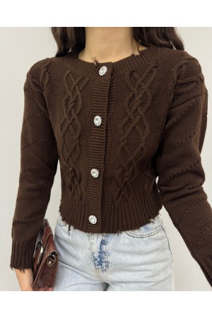 Taş Düğmeli Yırtıklı Krop Hırka  -Kahve