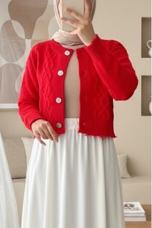 Stone Button Ripped Crop Cardigan  -Garnet Color