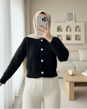 Stone Button Ripped Crop Cardigan  -Black