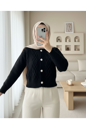 Taş Düğmeli Yırtıklı Krop Hırka  -Siyah