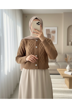 Taş Düğmeli Yırtıklı Krop Hırka  -Vizon