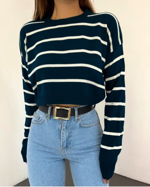 Fine Striped Crop Knitwear Sweater -Navy blue