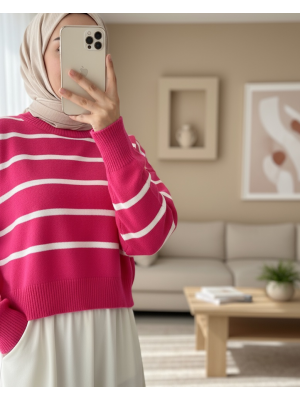 İnce Çizgili Crop Triko Kazak -Nar Çiçeği