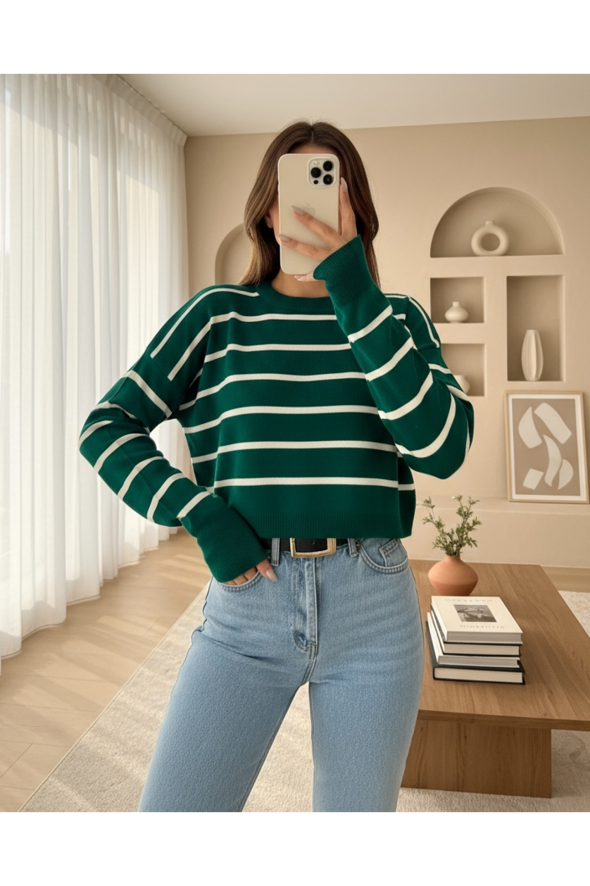 Fine Striped Crop Knitwear Sweater -Emerald