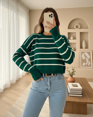Fine Striped Crop Knitwear Sweater -Emerald