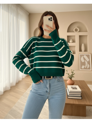 İnce Çizgili Crop Triko Kazak -Zümrüt