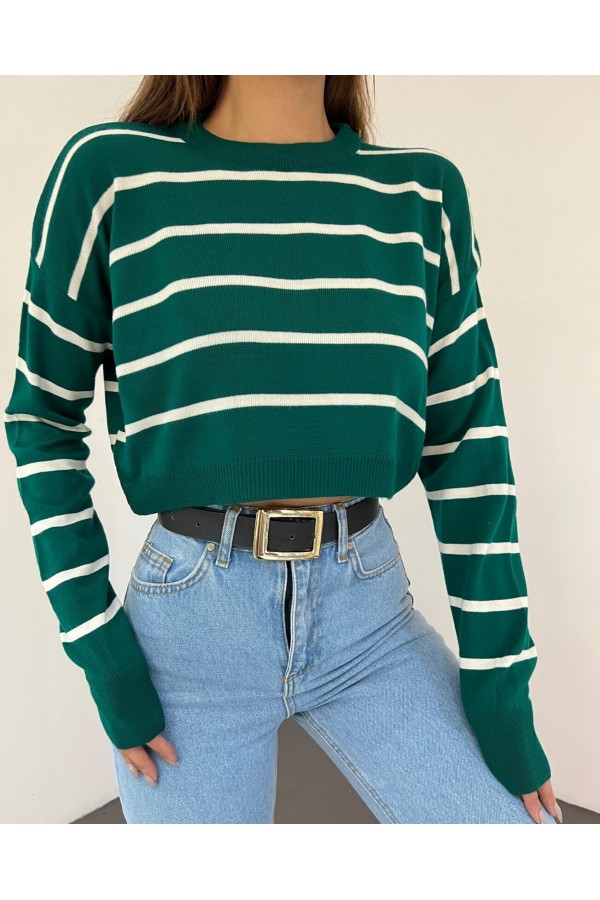 İnce Çizgili Crop Triko Kazak -Zümrüt