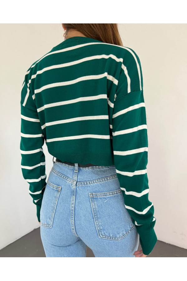 İnce Çizgili Crop Triko Kazak -Zümrüt