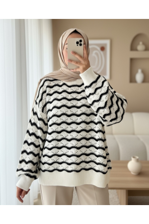 Zigzag Pattern Openwork Short Sweater  -Navy blue