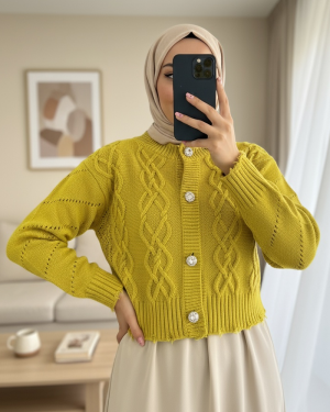 Stone Button Ripped Crop Cardigan    -Oil Green