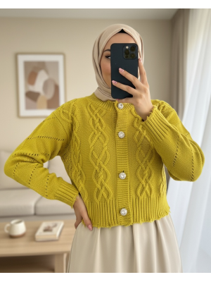 Taş Düğmeli Yırtıklı Krop Hırka    -Yağ Yeşili