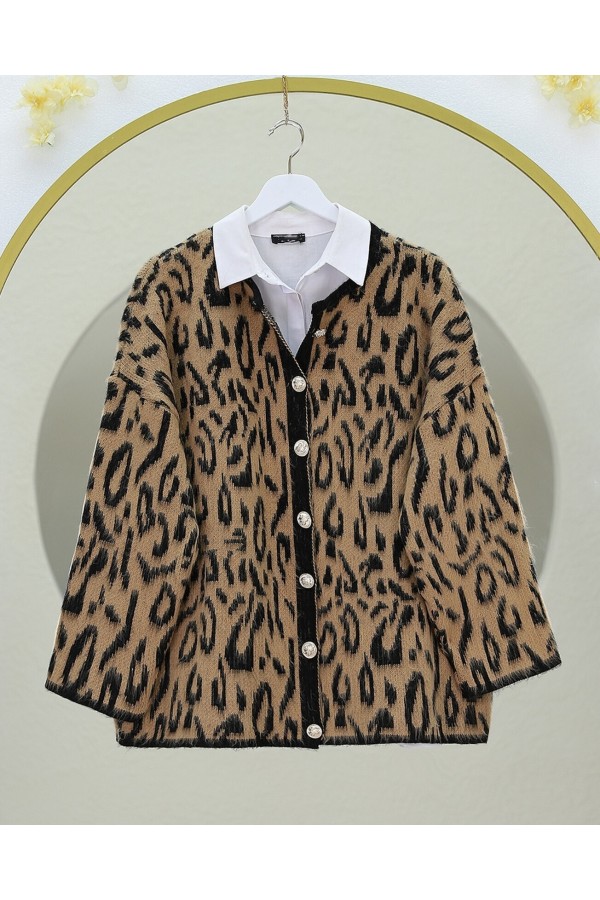 Raised Leopard Patterned Soft Knitted Cardigan -Mink color