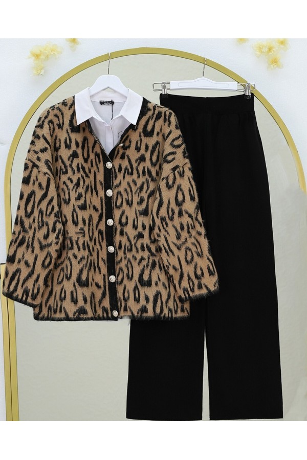 Raised Leopard Patterned Soft Knitted Cardigan -Mink color