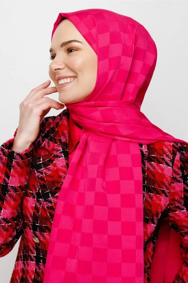 Dama Desen İpeksi Jakar Şal - Fuşya