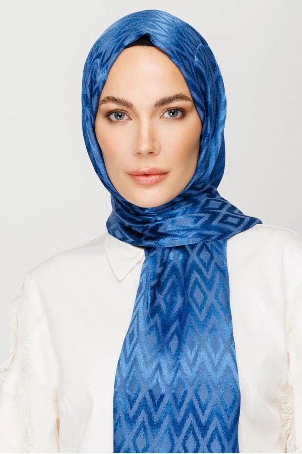 Karo Desen Parlak Jakar Şal - İndigo