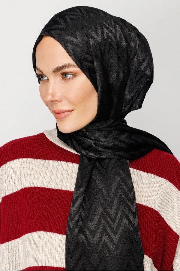Zikzak Desen Parlak Jakar Şal - Siyah