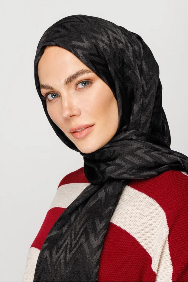 Zikzak Desen Parlak Jakar Şal - Siyah