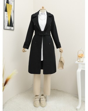 Kemerli Astarlı Bolero Detaylı Kaban -Siyah