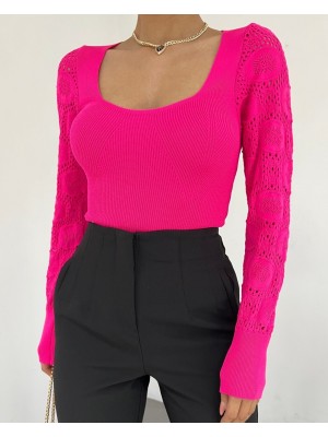 Kolları Dantel Örgü Kare Yaka Triko Bluz -Fuşya