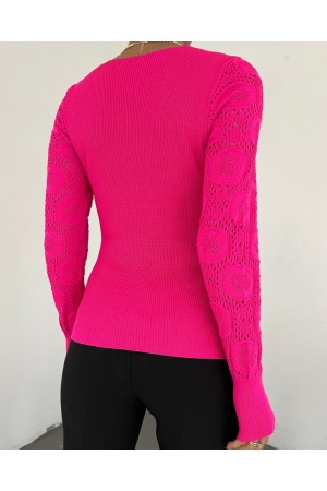 Kolları Dantel Örgü Kare Yaka Triko Bluz -Fuşya