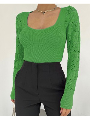 Kolları Dantel Örgü Kare Yaka Triko Bluz -Yeşil