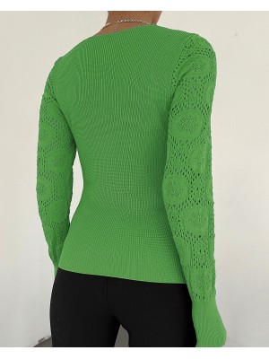 Kolları Dantel Örgü Kare Yaka Triko Bluz -Yeşil