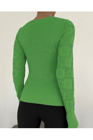 Kolları Dantel Örgü Kare Yaka Triko Bluz -Yeşil