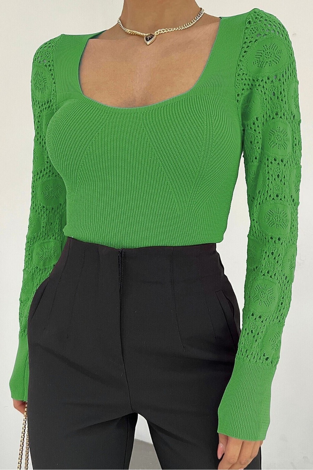 Sleeves Lace Knit Square Neck Knitwear Blouse -Green