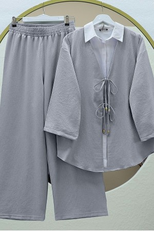 Kimono Set with Double Front Tie and Trousers    -Grey