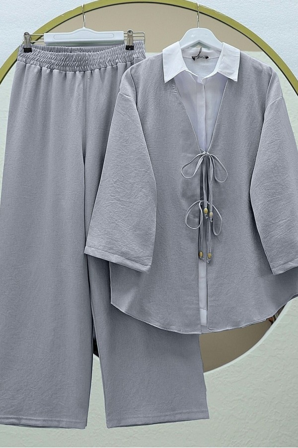 Önü Çift Bağlamalı Pantolonlu Kimono Takım    -Gri