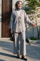 Önü Çift Bağlamalı Pantolonlu Kimono Takım -Gri