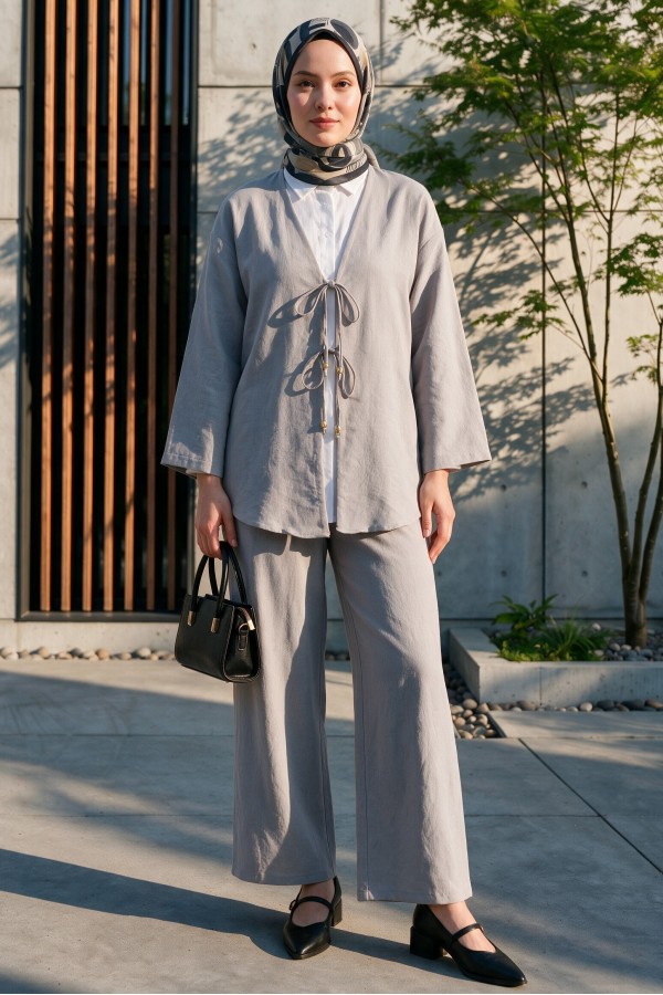 Kimono Set with Double Front Tie and Trousers    -Grey