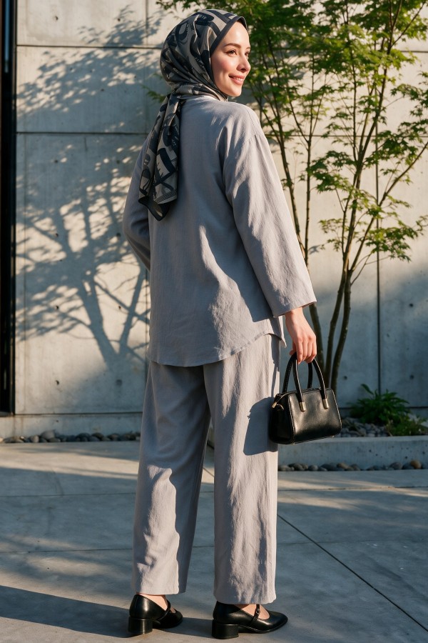 Kimono Set with Double Front Tie and Trousers    -Grey