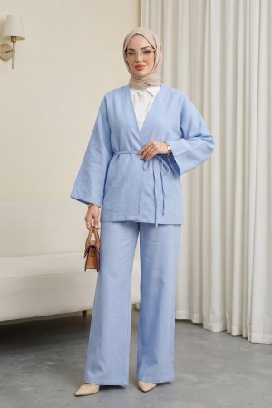 Önden Bağlamalı Pantolonlu Kimono Takım   -Bebe Mavi