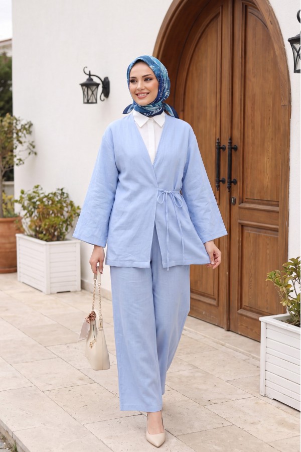 Önden Bağlamalı Pantolonlu Kimono Takım   -Bebe Mavi