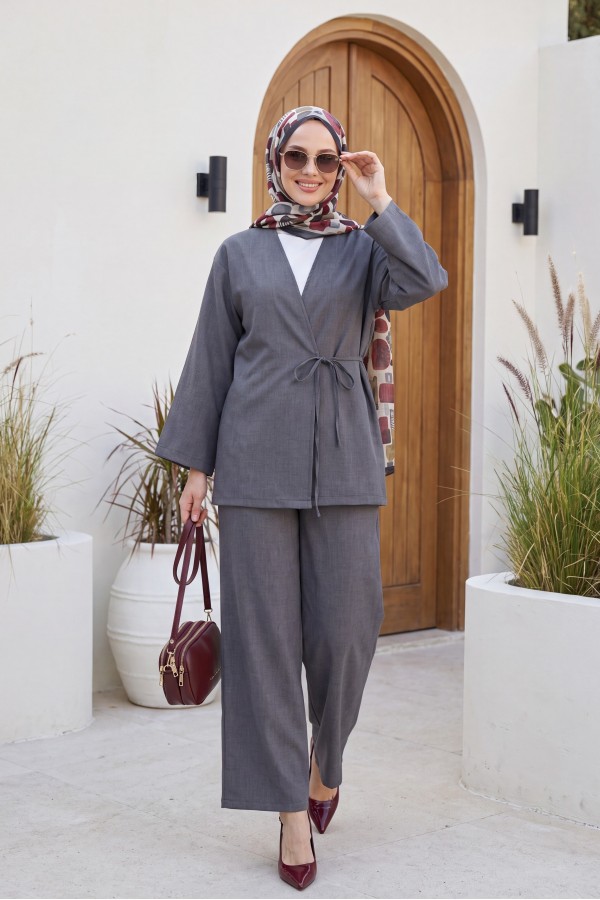 Önden Bağlamalı Pantolonlu Kimono Takım   -Füme