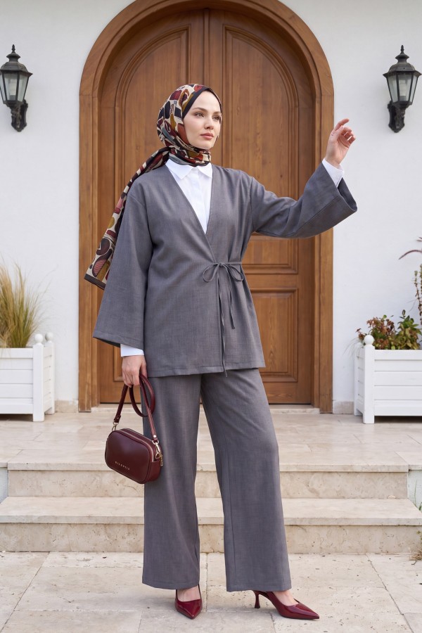 Önden Bağlamalı Pantolonlu Kimono Takım   -Füme