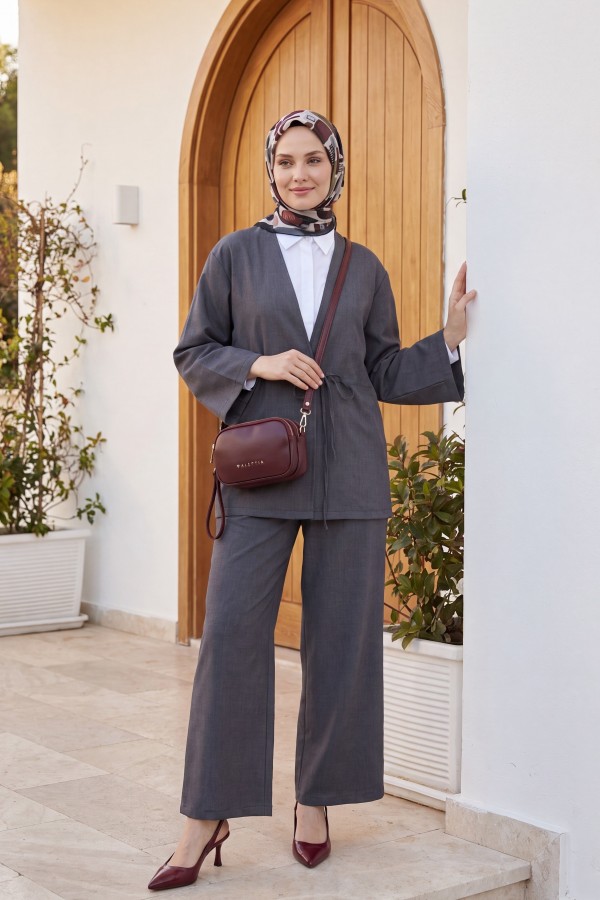 Önden Bağlamalı Pantolonlu Kimono Takım   -Füme