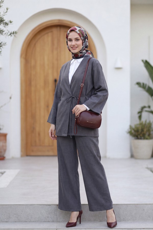 Önden Bağlamalı Pantolonlu Kimono Takım   -Füme