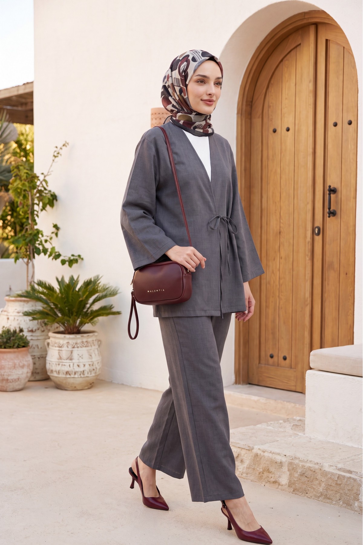 Önden Bağlamalı Pantolonlu Kimono Takım   -Füme