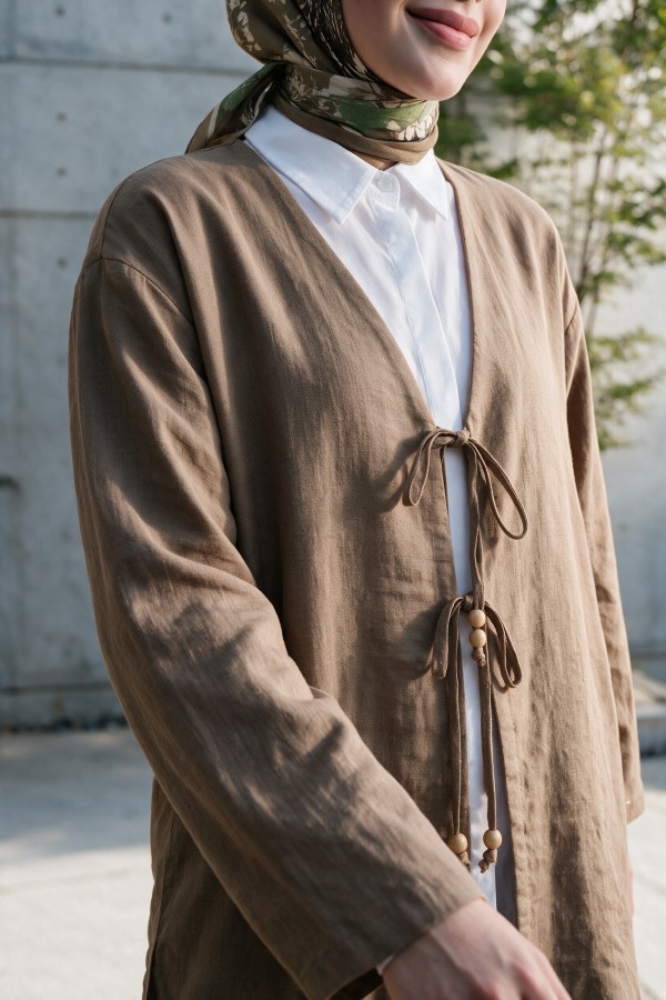 Kimono Set with Double Front Tie and Trousers      -Light coffee