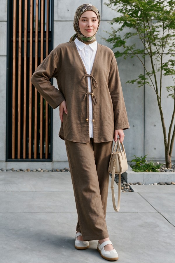 Kimono Set with Double Front Tie and Trousers      -Light coffee