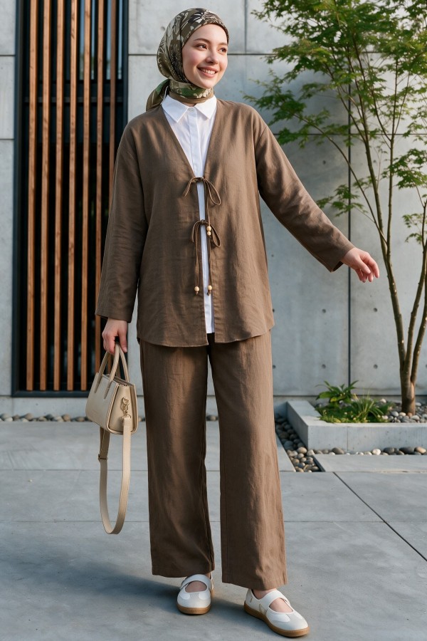 Kimono Set with Double Front Tie and Trousers      -Light coffee