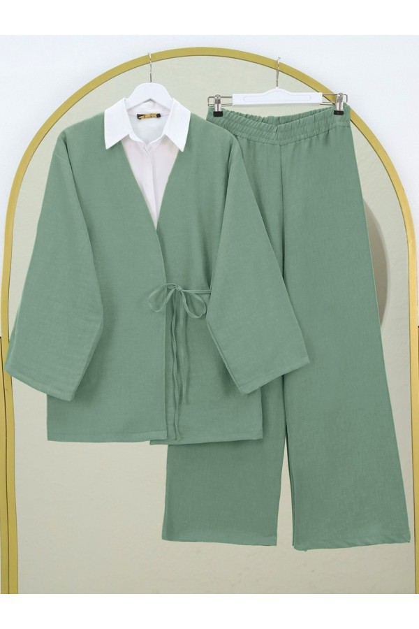 Önden Bağlamalı Pantolonlu Kimono Takım    -Mint