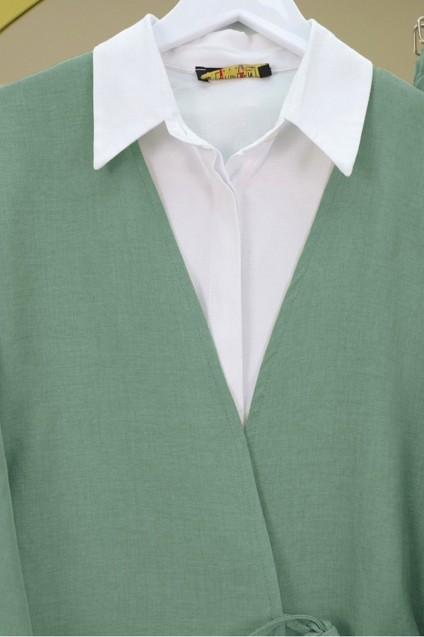 Önden Bağlamalı Pantolonlu Kimono Takım    -Mint