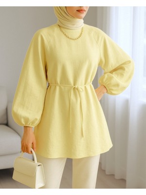 Yuvarlak Yaka Beli Bağcıklı Balon Kol Tunik  -Açık Sarı