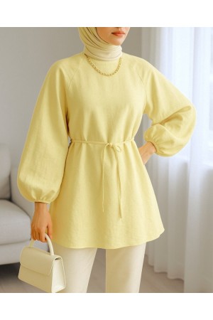 Round Neck Tied Waist Balloon Sleeve Tunic  -Light yellow