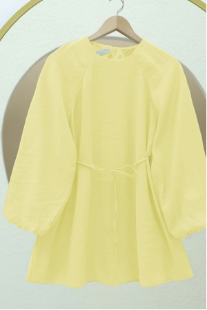 Yuvarlak Yaka Beli Bağcıklı Balon Kol Tunik  -Açık Sarı