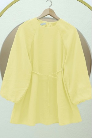 Yuvarlak Yaka Beli Bağcıklı Balon Kol Tunik  -Açık Sarı